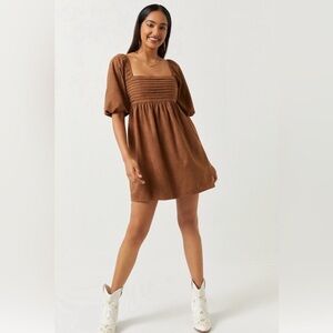 Francesca’s Mi Ami Brown Faux Suede Babydoll Mini Dress Puff Sleeve Smocked Med